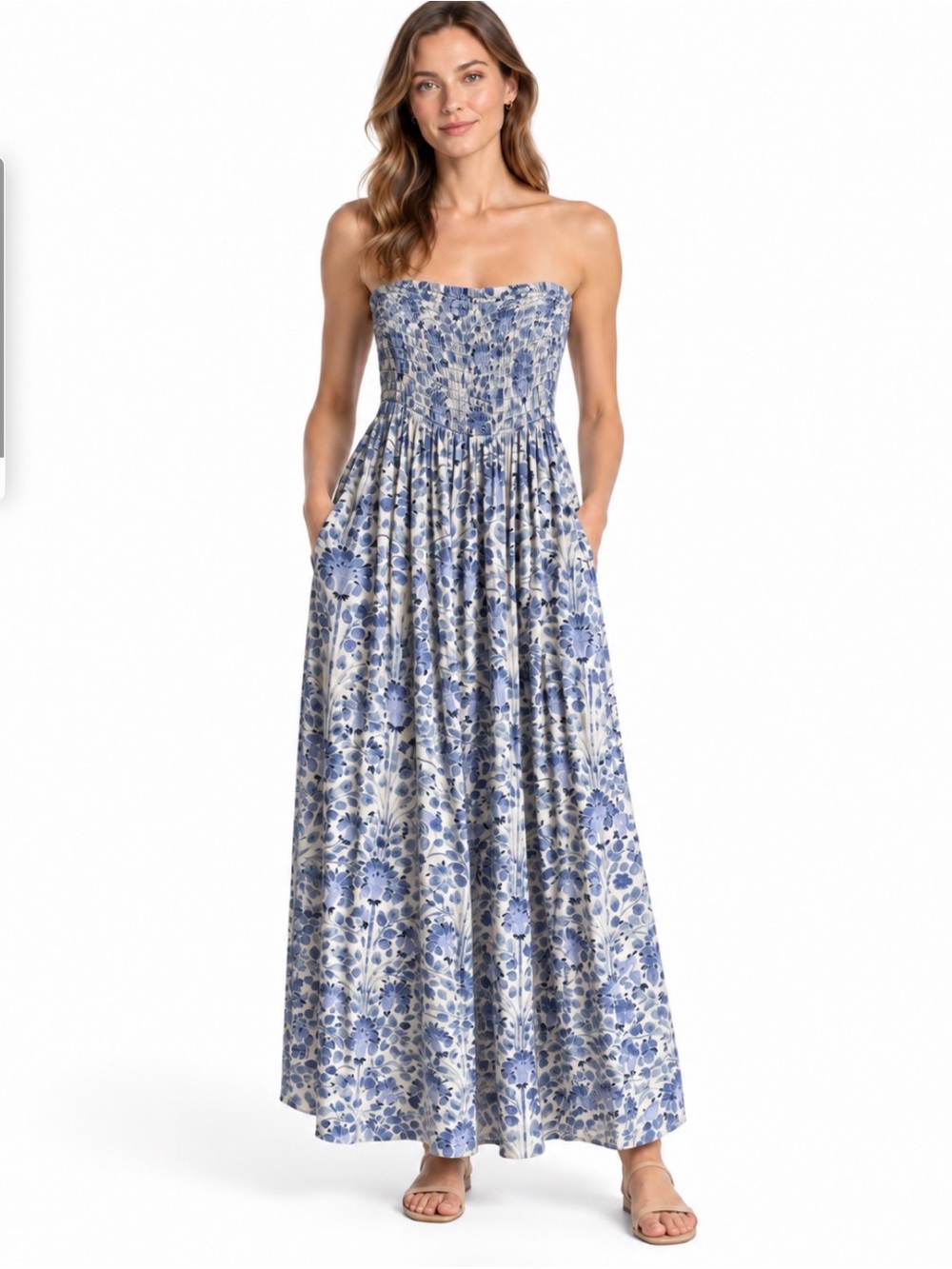 Tory Burch 100% Silk Floral Strapless Smocked Maxi Dress Blue White Pockets S
